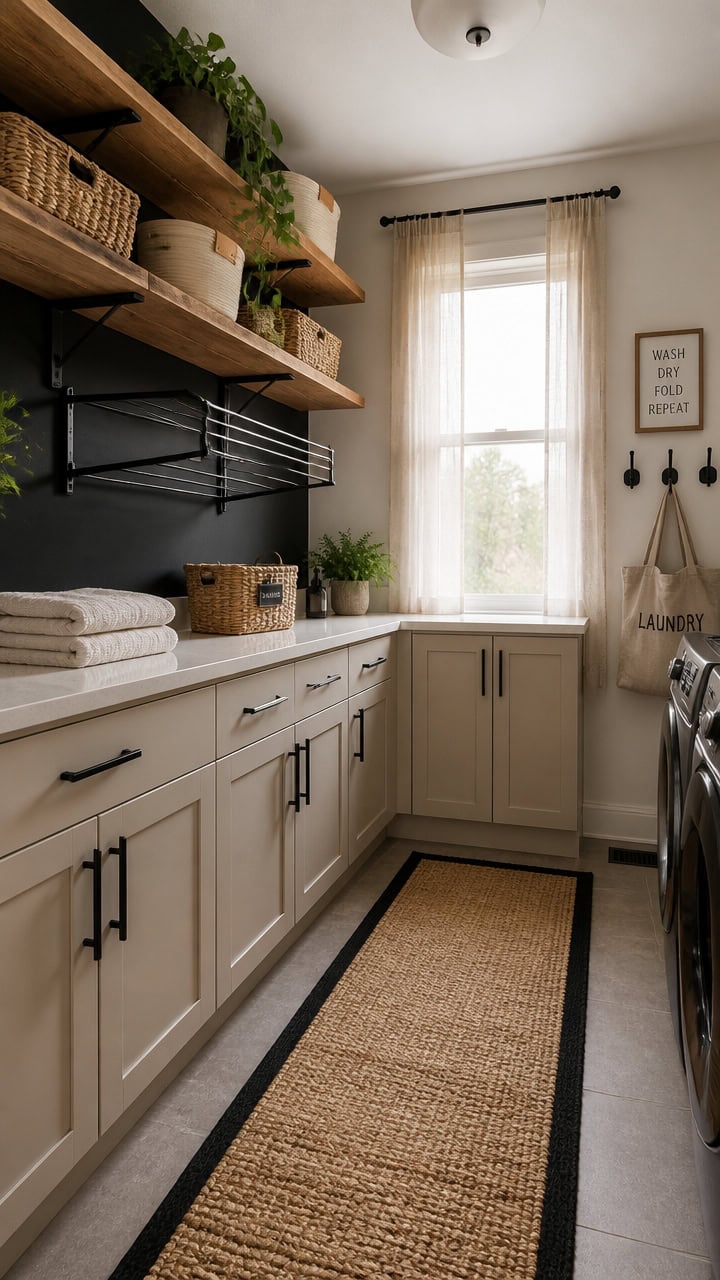 Laundry room with ample storage, open shelves, and a large window providing natural light. Perfect f.