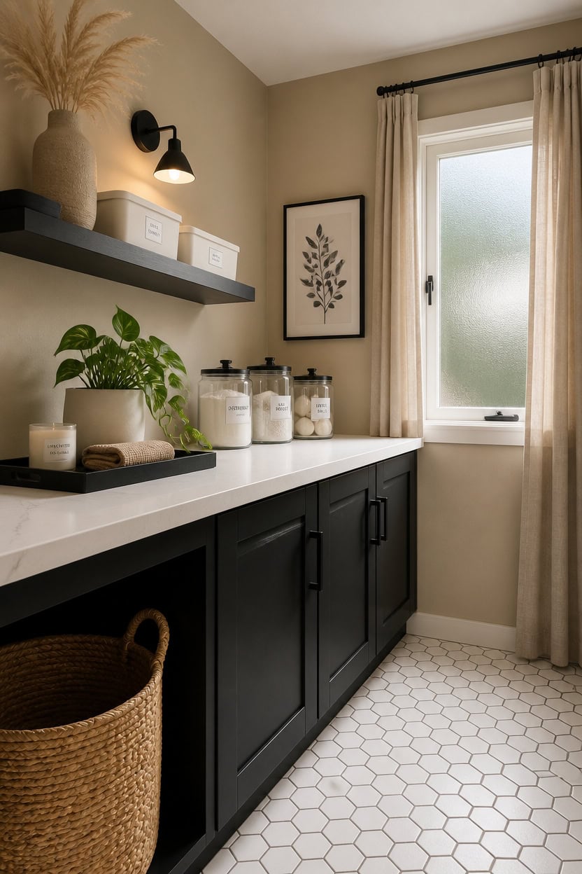 Bright laundry room with a large window, black cabinetry, and organized storage for a modern apartme.