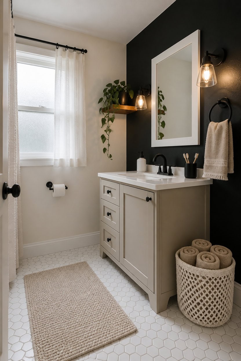 Bright bathroom featuring a white vanity, black accents, and natural light.