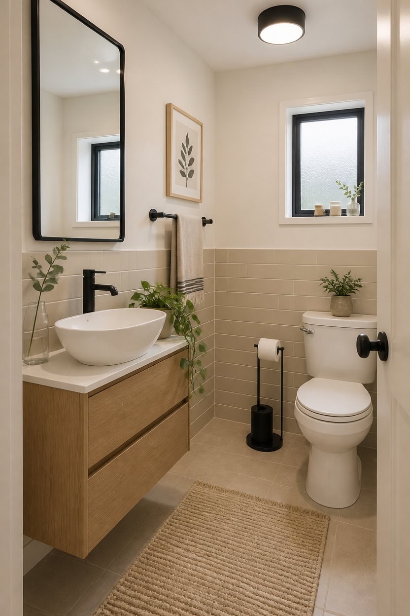 Bright bathroom featuring a white toilet, wooden vanity with vessel sink, and a small window with na.