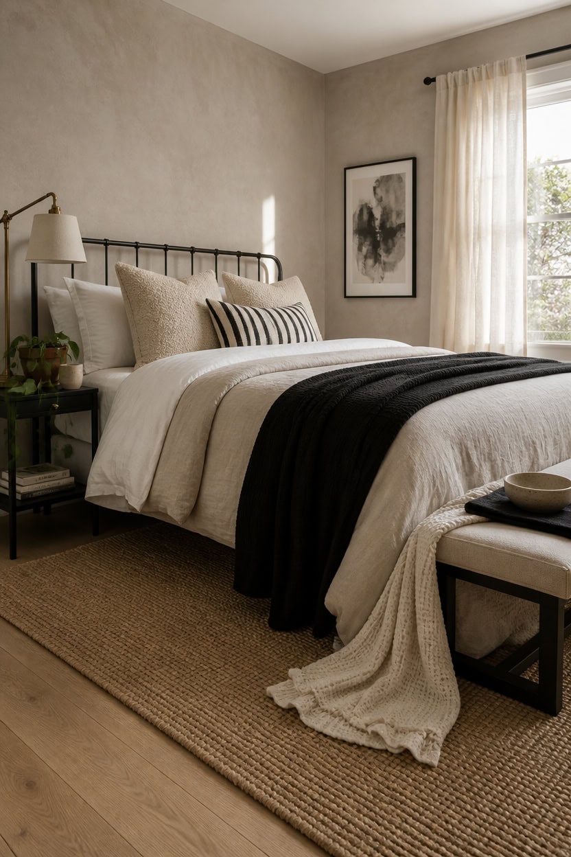 Bright and cozy bedroom with neutral tones, large window, and stylish decor.