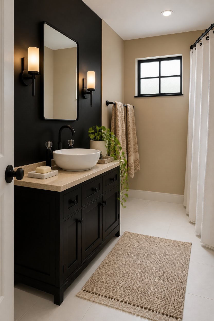 Bathroom vanity with black cabinets, beige countertop, and modern lighting.