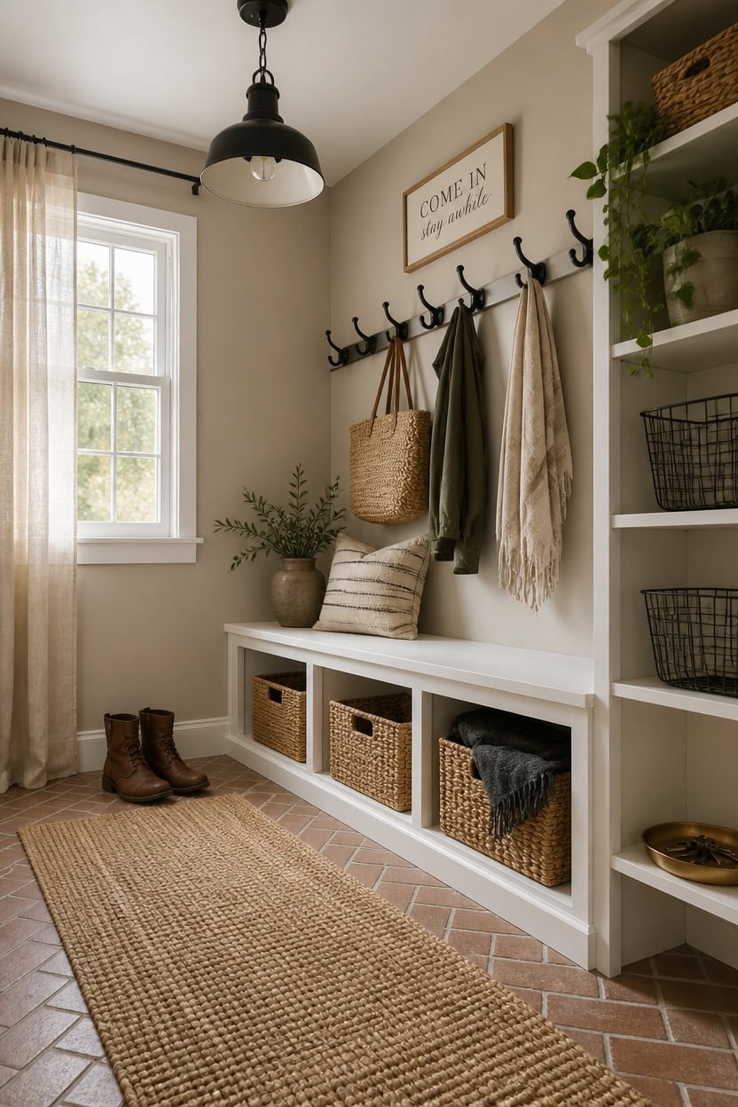 Bright entryway with hooks, baskets, and decor in a modern apartment.