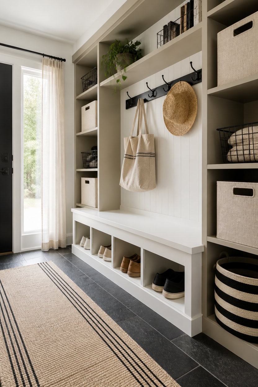 Organized entryway with hooks, shelves, and storage bins in a bright, airy space.