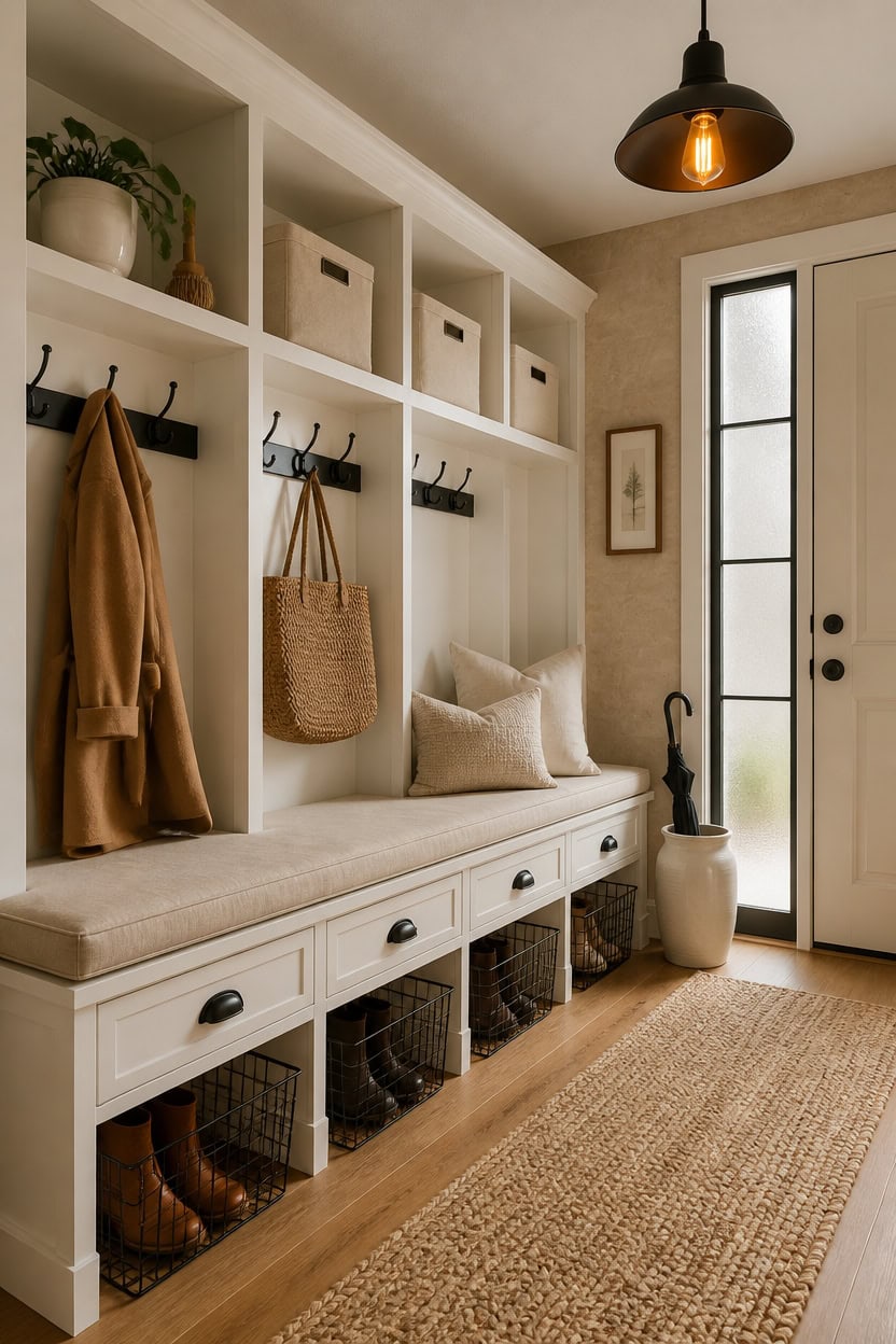 Entryway with built-in storage bench, hooks for coats, and decorative pillows in a modern apartment.