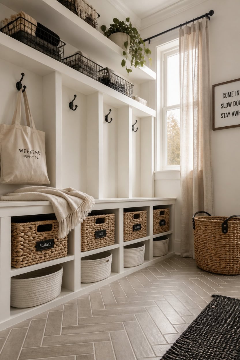 Bright mudroom with hooks, baskets, and natural light in a modern apartment.