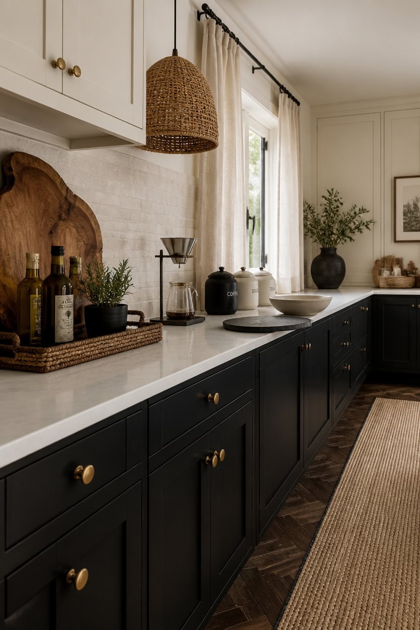 Elegant kitchen with navy blue cabinets, natural wood accents, and bright natural light.