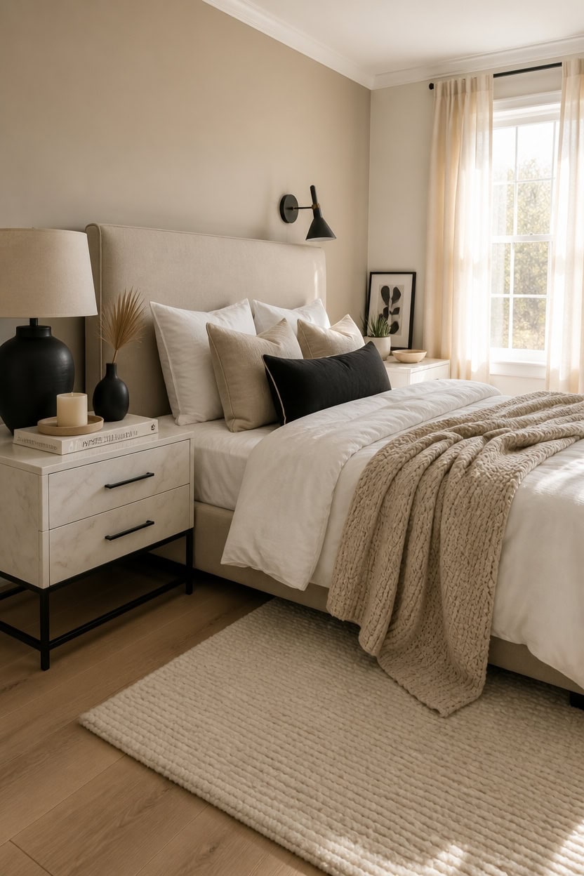 Bright and inviting bedroom with neutral tones, plush bedding, and large window letting in natural s.