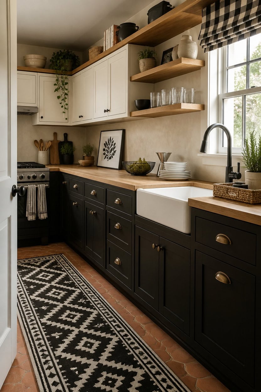 Stylish kitchen with black lower cabinets, white upper cabinets, open wooden shelves, and farmhouse.