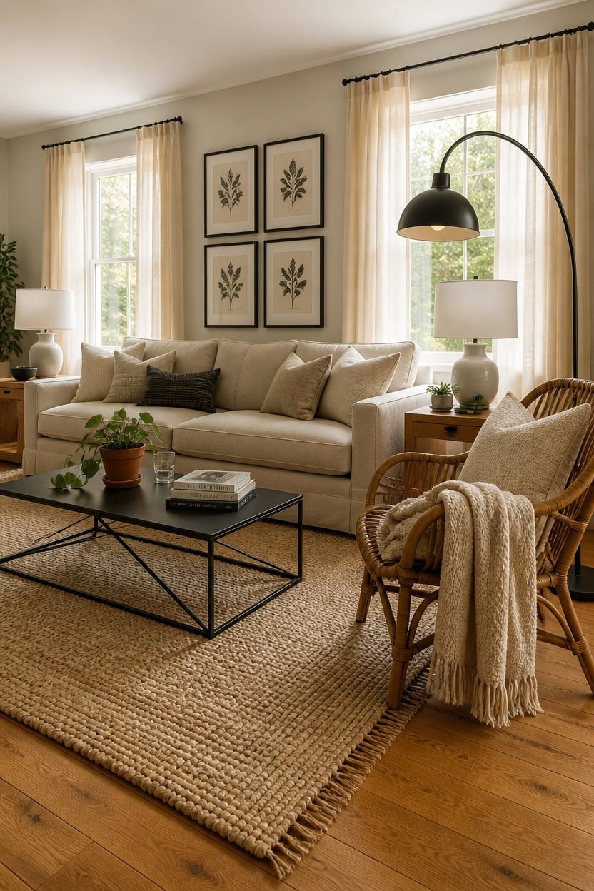 Bright living room with large windows, beige sofa, and stylish decor.