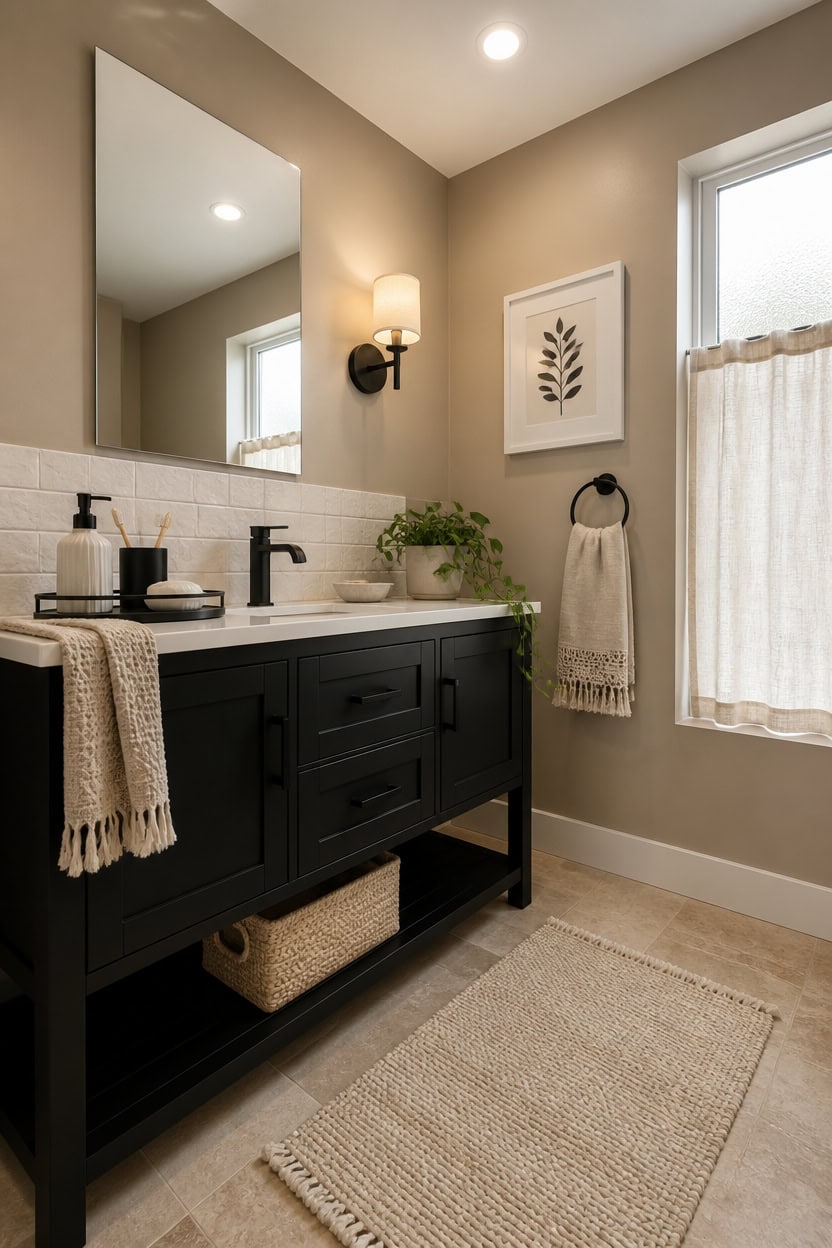 Bathroom vanity with black cabinetry, wall-mounted light, and decorative elements.