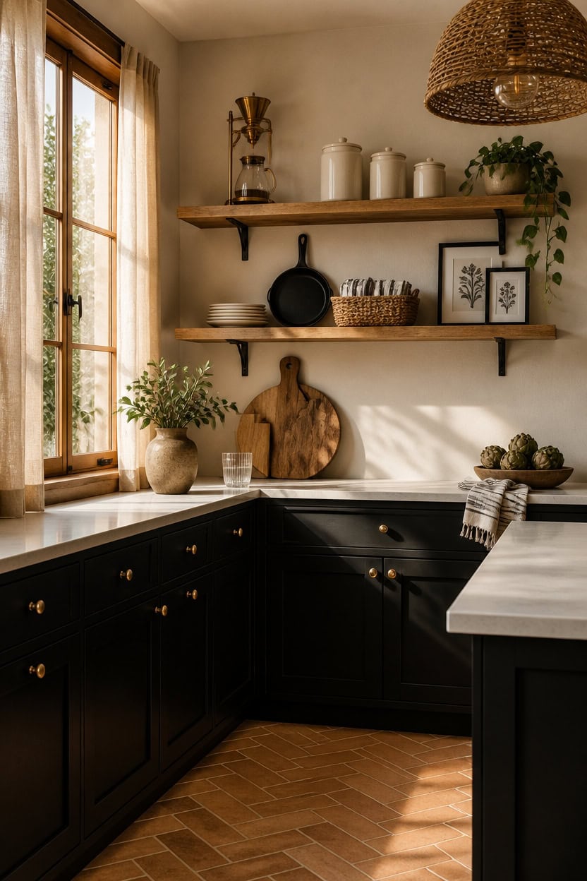 Bright kitchen with black cabinetry, open wooden shelves, and natural sunlight streaming through a w.