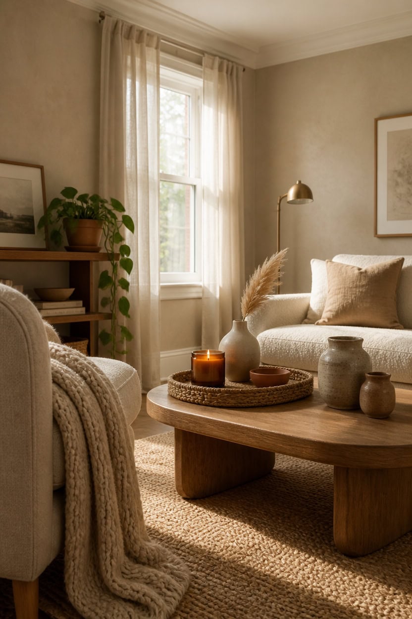 Bright and inviting living room with large window, neutral tones, and stylish decor. Perfect for relaxing at Apartment ABC.
