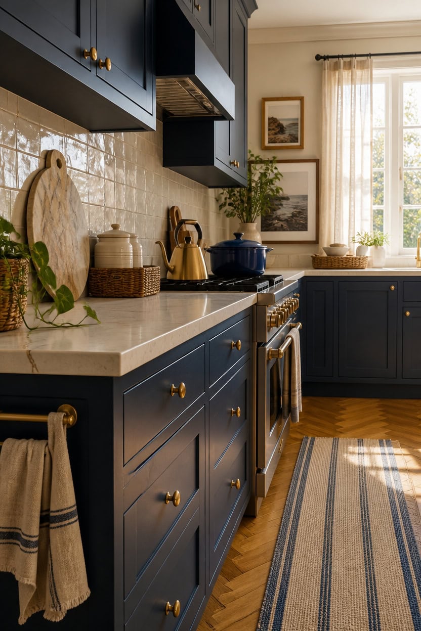 Bright kitchen with navy blue cabinets, white countertops, and sunlight streaming through large wind.