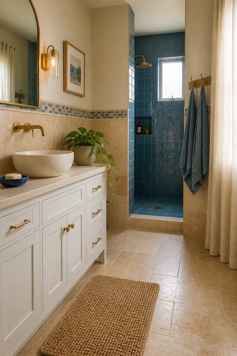 beige dominant bathroom with blue