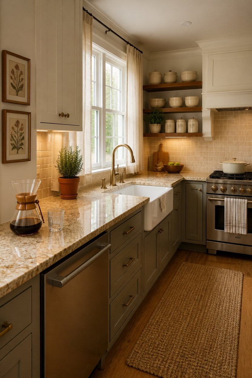 Bright kitchen with large window, white cabinetry, granite countertops, and open shelving. Perfect f.