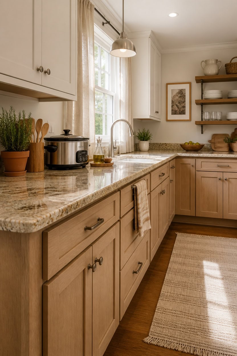 Bright kitchen with beige cabinets and granite countertops, featuring open shelving, potted plants,.