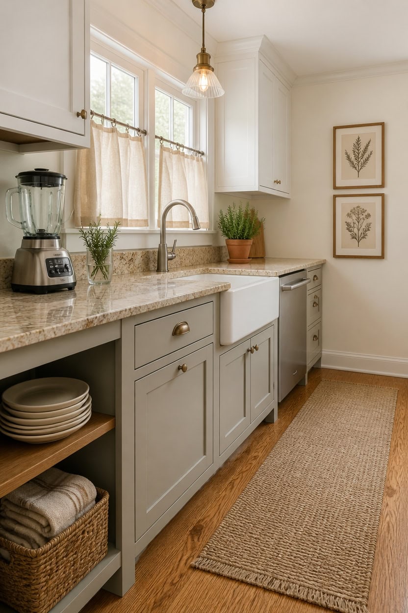 Bright kitchen with large window, beige curtains, and modern appliances.