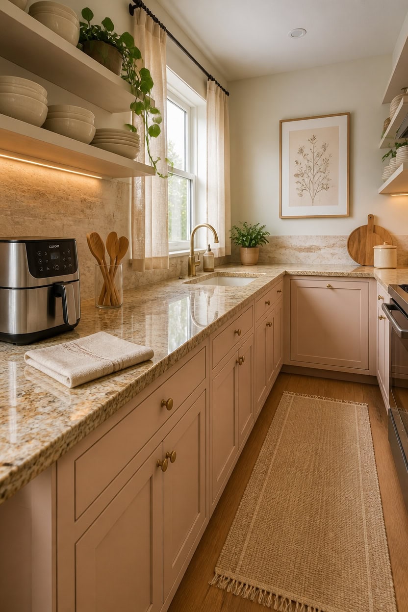 Bright kitchen with beige cabinets, granite countertops, and natural sunlight from a window. Perfect.