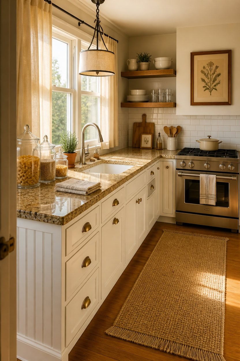 Bright kitchen with large window, white cabinetry, granite countertops, and stylish decor. Perfect f.