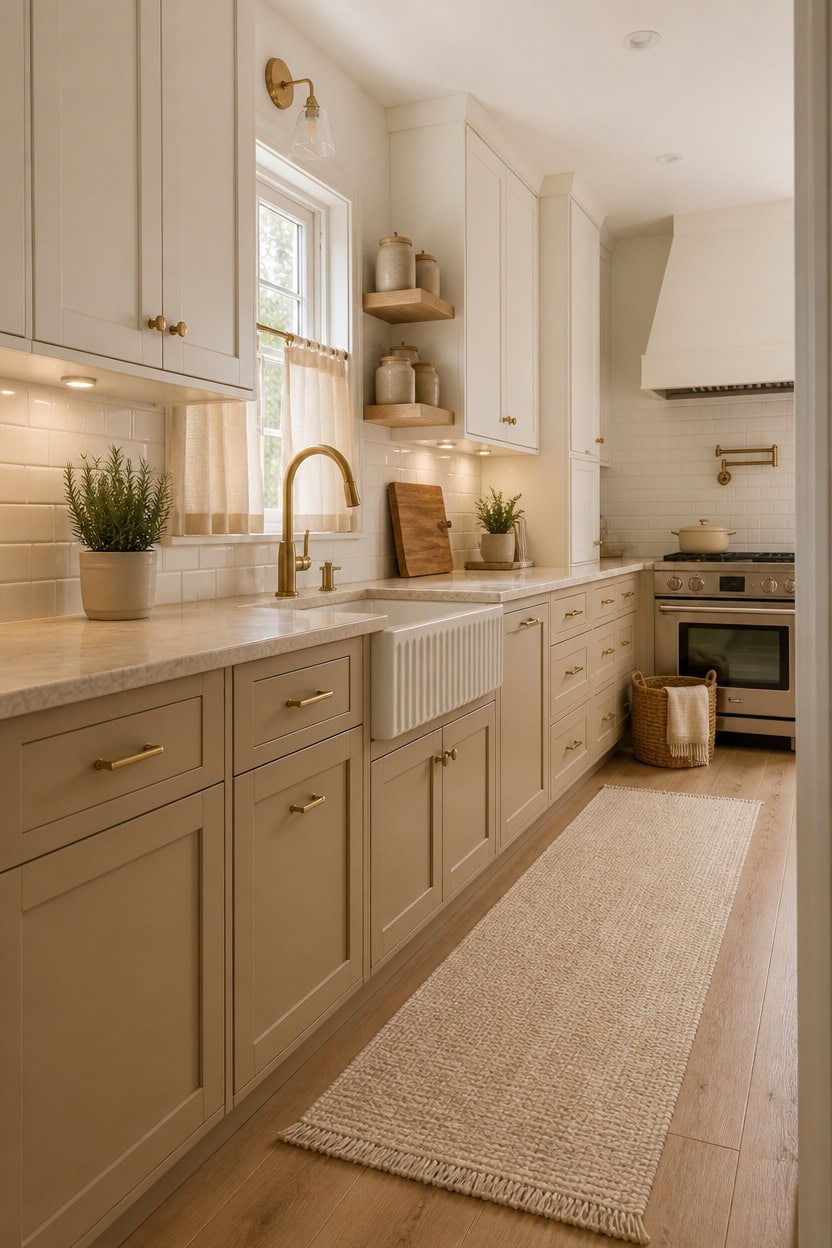 Bright kitchen featuring white cabinetry, gold accents, and natural light. Perfect for cooking and entertaining in a stylish.