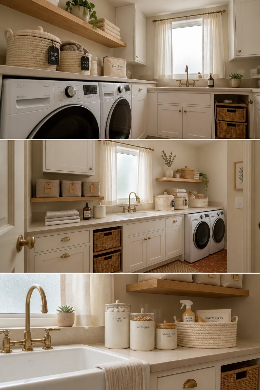 Bright laundry room featuring washer and dryer, white cabinetry, and ample storage with natural sunlight.