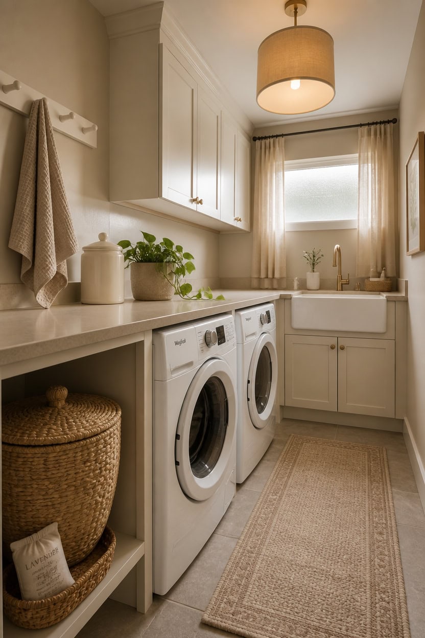 Bright laundry room featuring a washer, dryer, and natural light from a window. Perfect for convenient home chores.