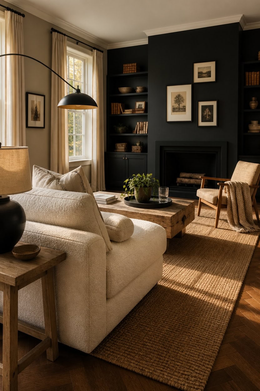 Elegant living room featuring a fireplace, built-in bookshelves, and comfortable seating.