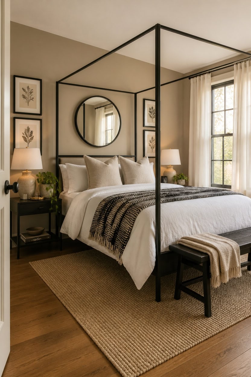 Canopy bed in a stylish bedroom with neutral tones, framed artwork, and large windows letting in nat.