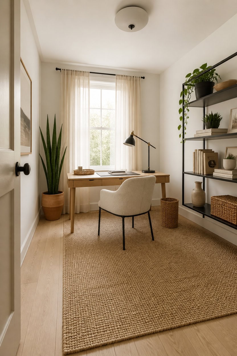 Bright home office with a large window, white walls, and minimalist decor. Features a wooden desk, c.