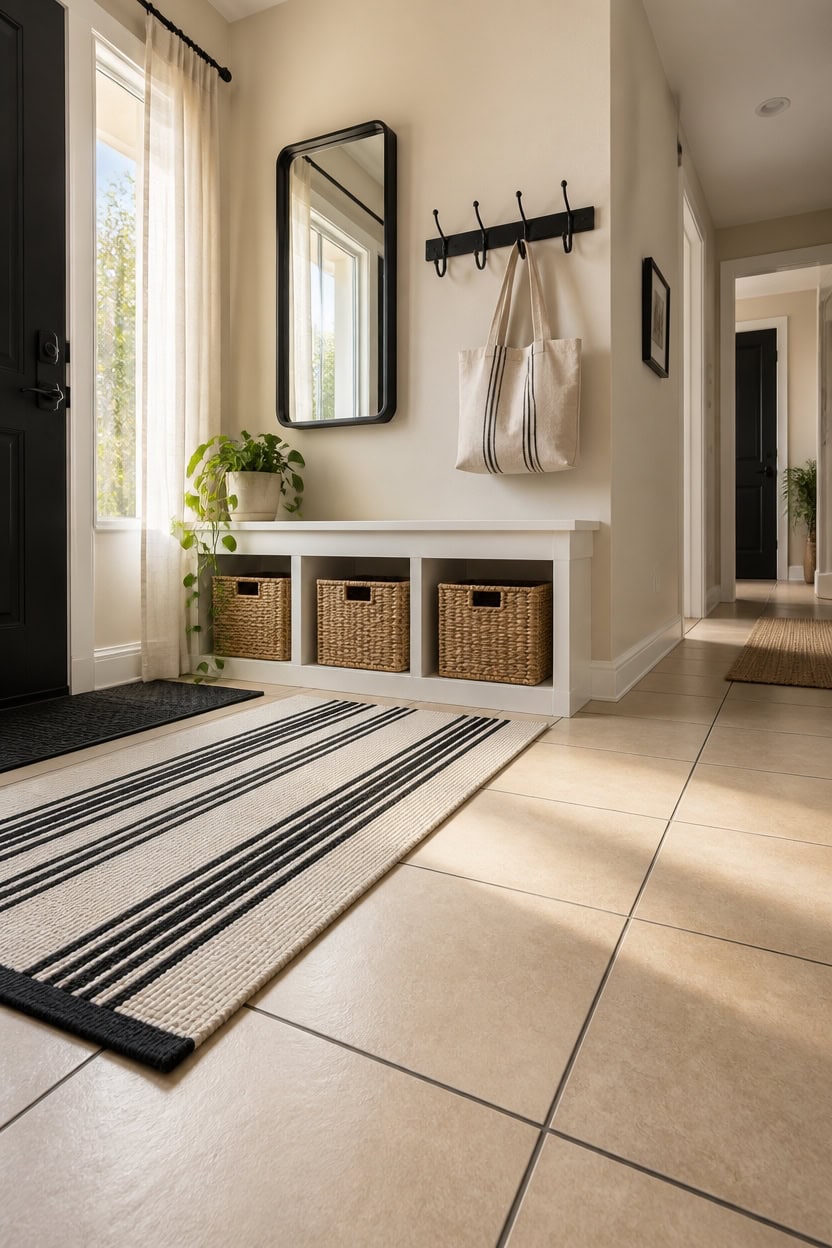 Bright entryway with a mirror, coat hooks, and storage baskets.