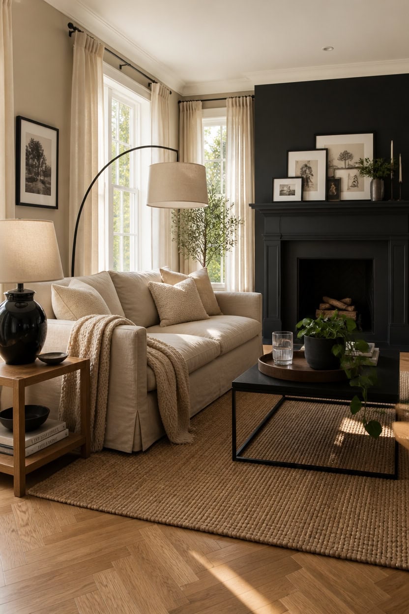 Bright living room with fireplace, beige sofa, and large windows with curtains.