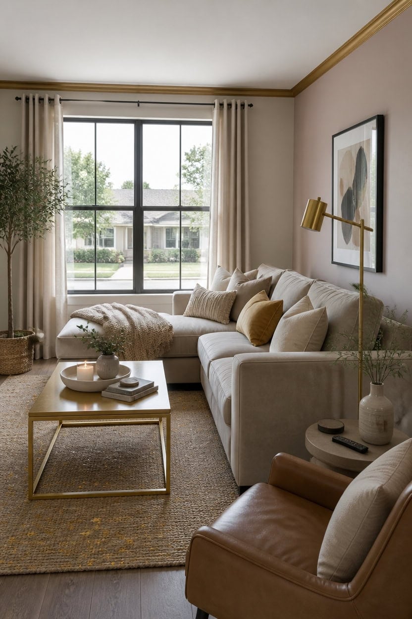 beige room with gold accents