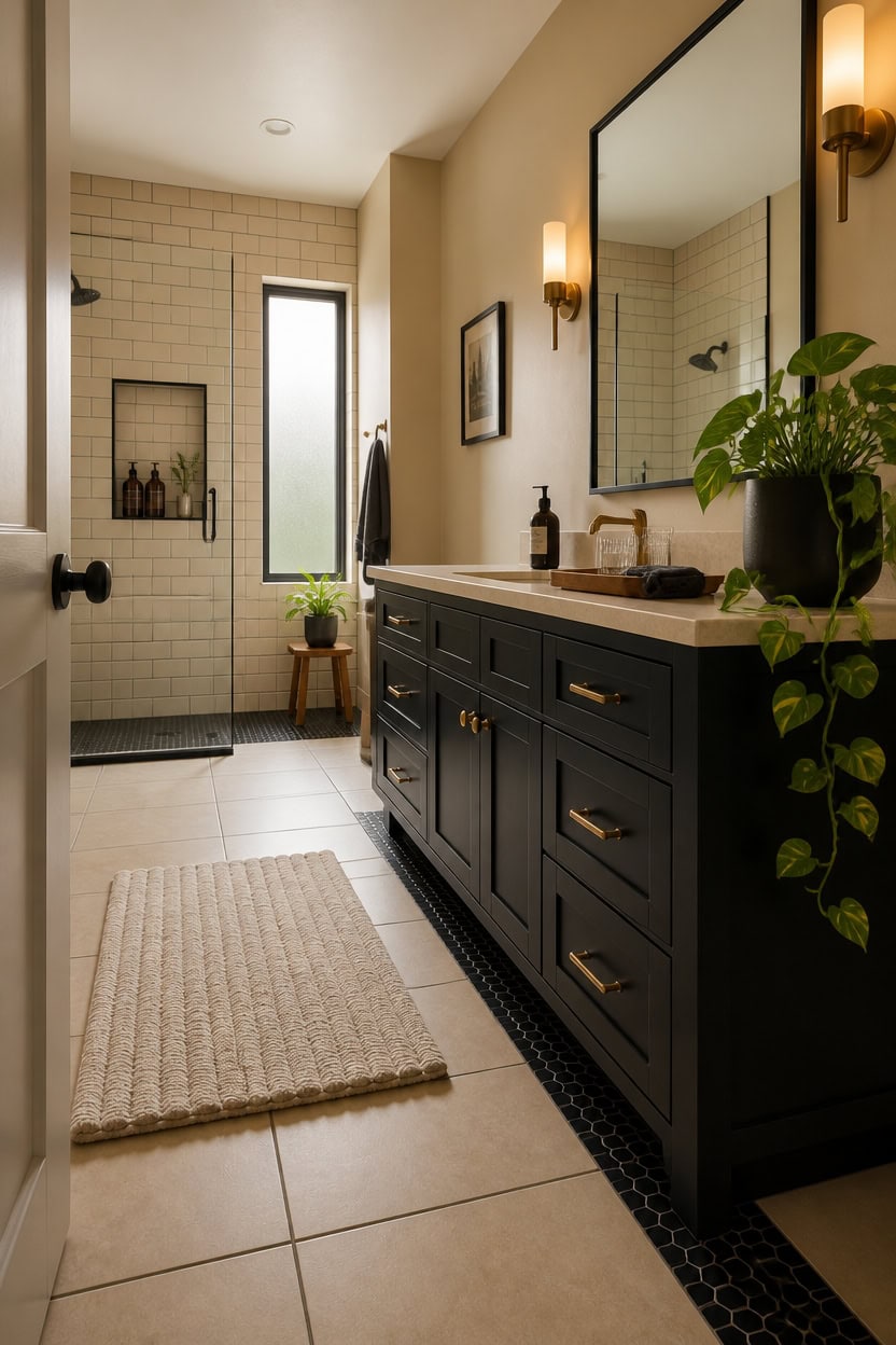 Bright bathroom featuring a black vanity with gold handles, a large mirror, and warm wall sconces. N.