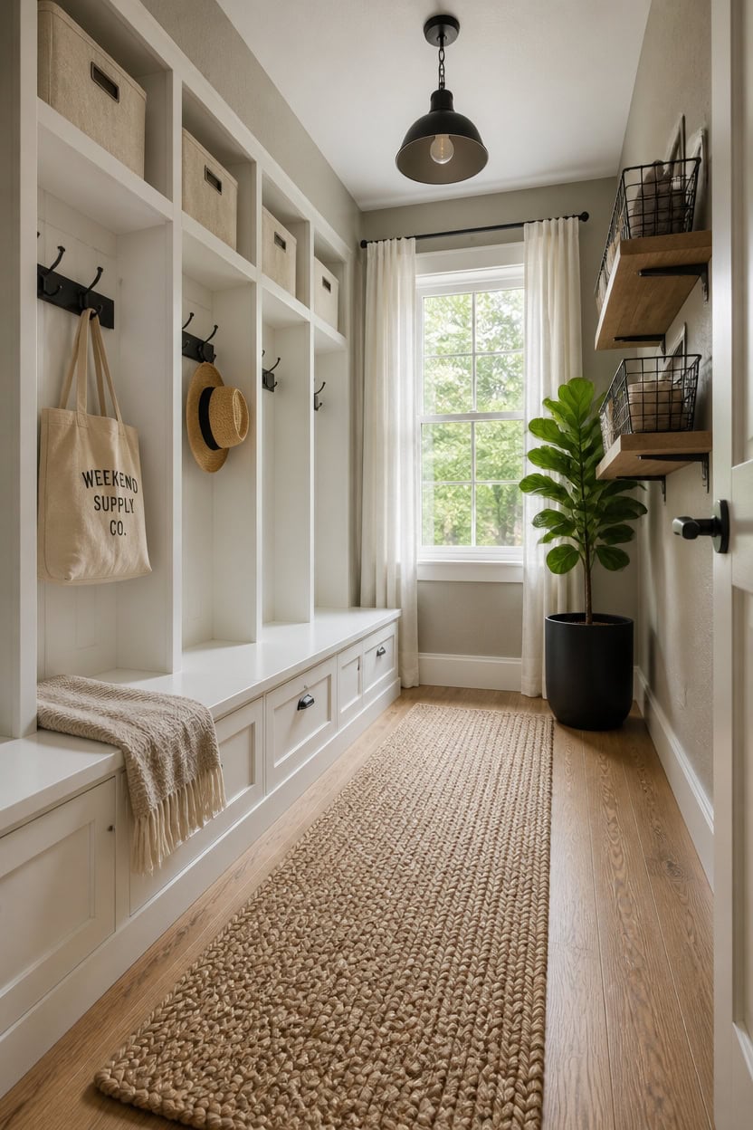 Entryway with built-in storage, hooks, and a large window providing bright natural light.