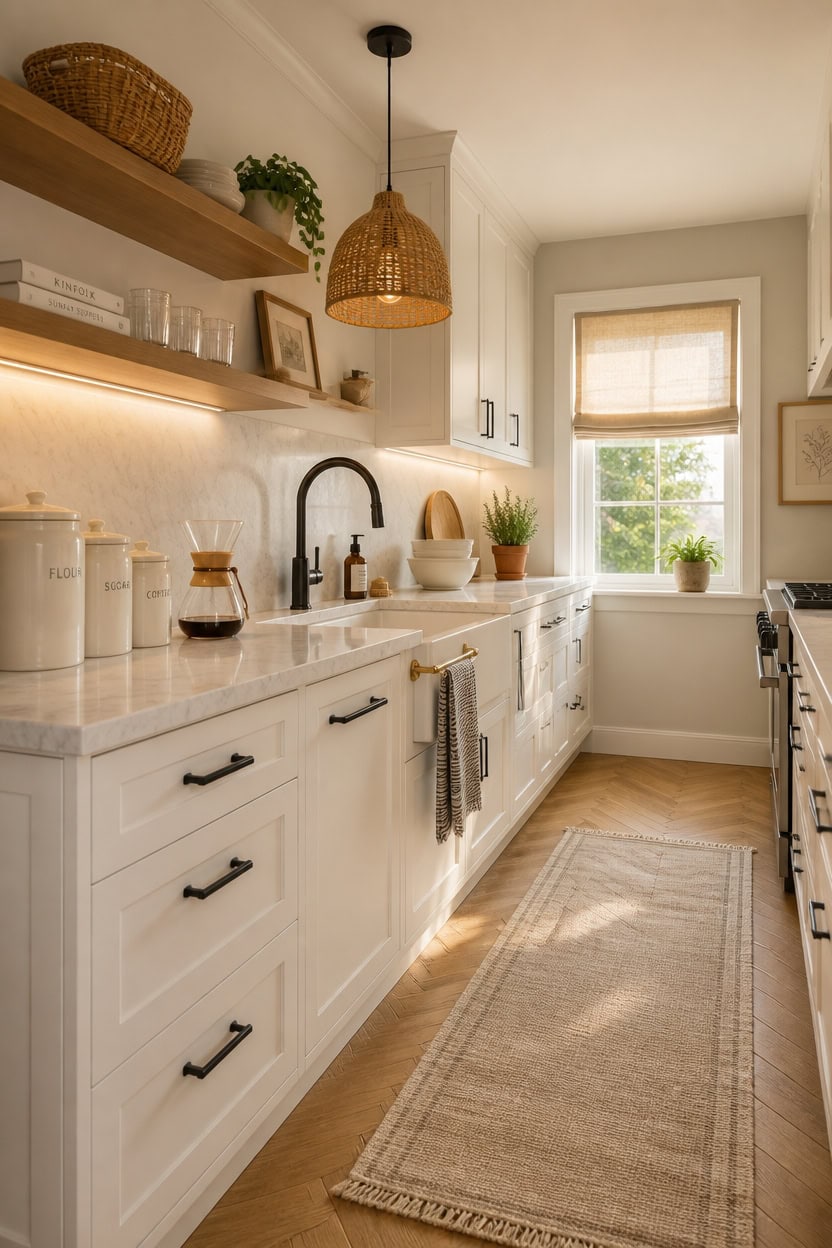 Bright white kitchen with natural sunlight, minimalist design, and wooden accents. Perfect for apart.