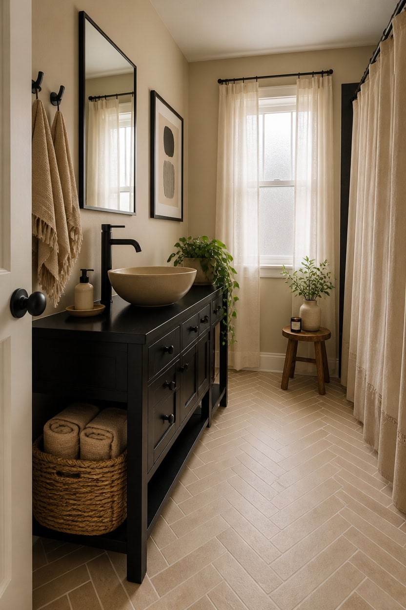 Bright bathroom with a black vanity, white vessel sink, and natural light from large window.