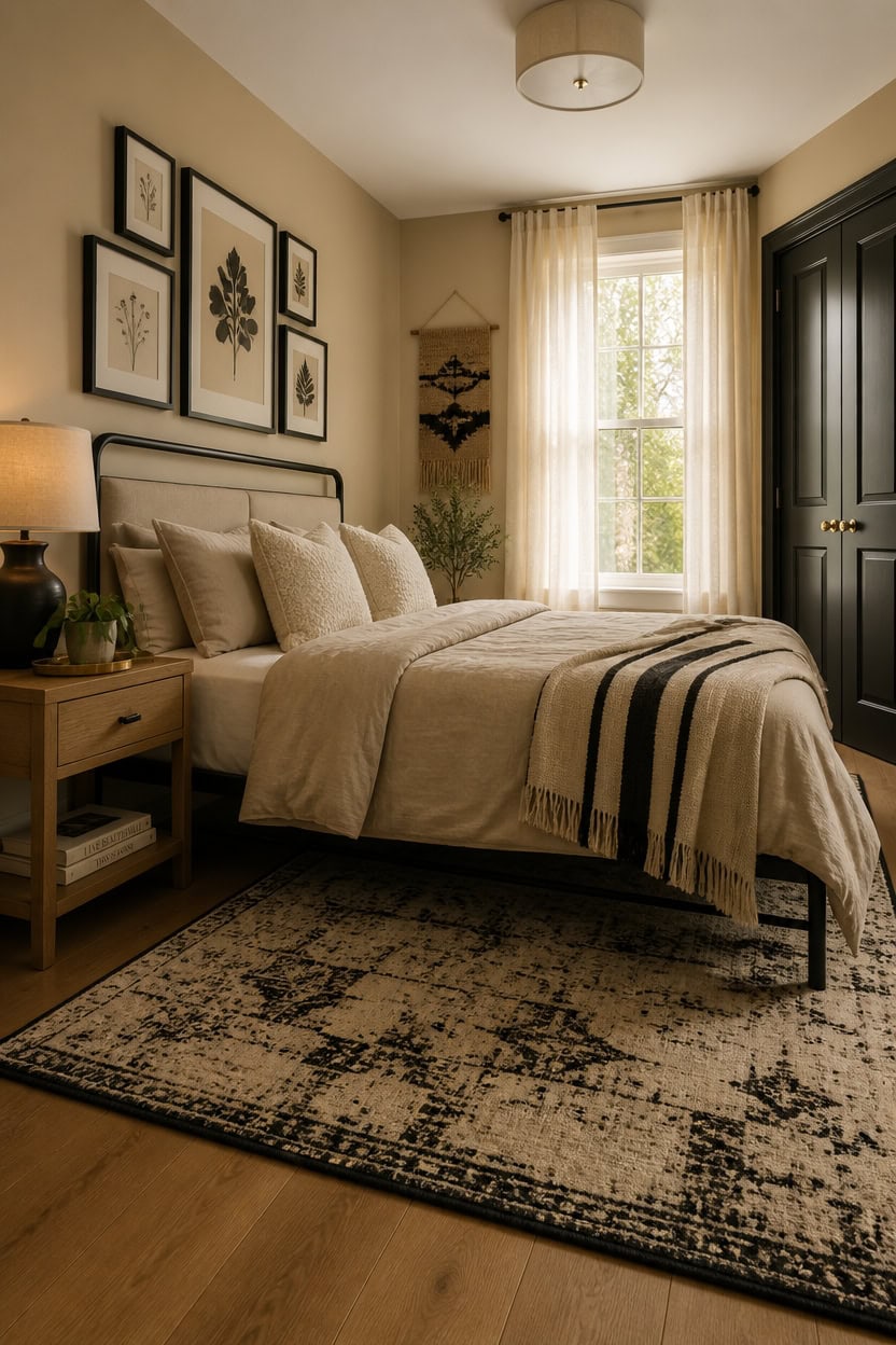 Bright bedroom with large window, neutral tones, and stylish wall art in a modern apartment.