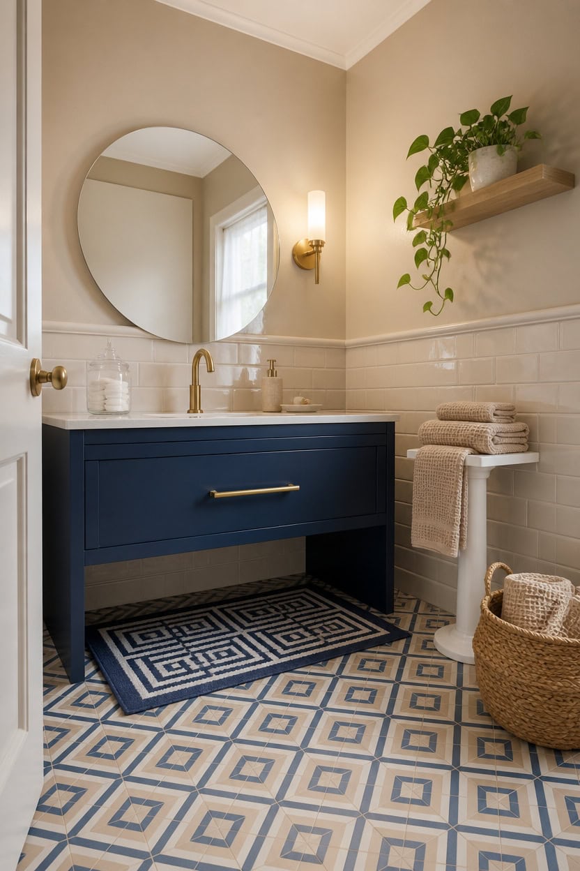 Stylish bathroom featuring a blue vanity, round mirror, and green plant for a fresh look.
