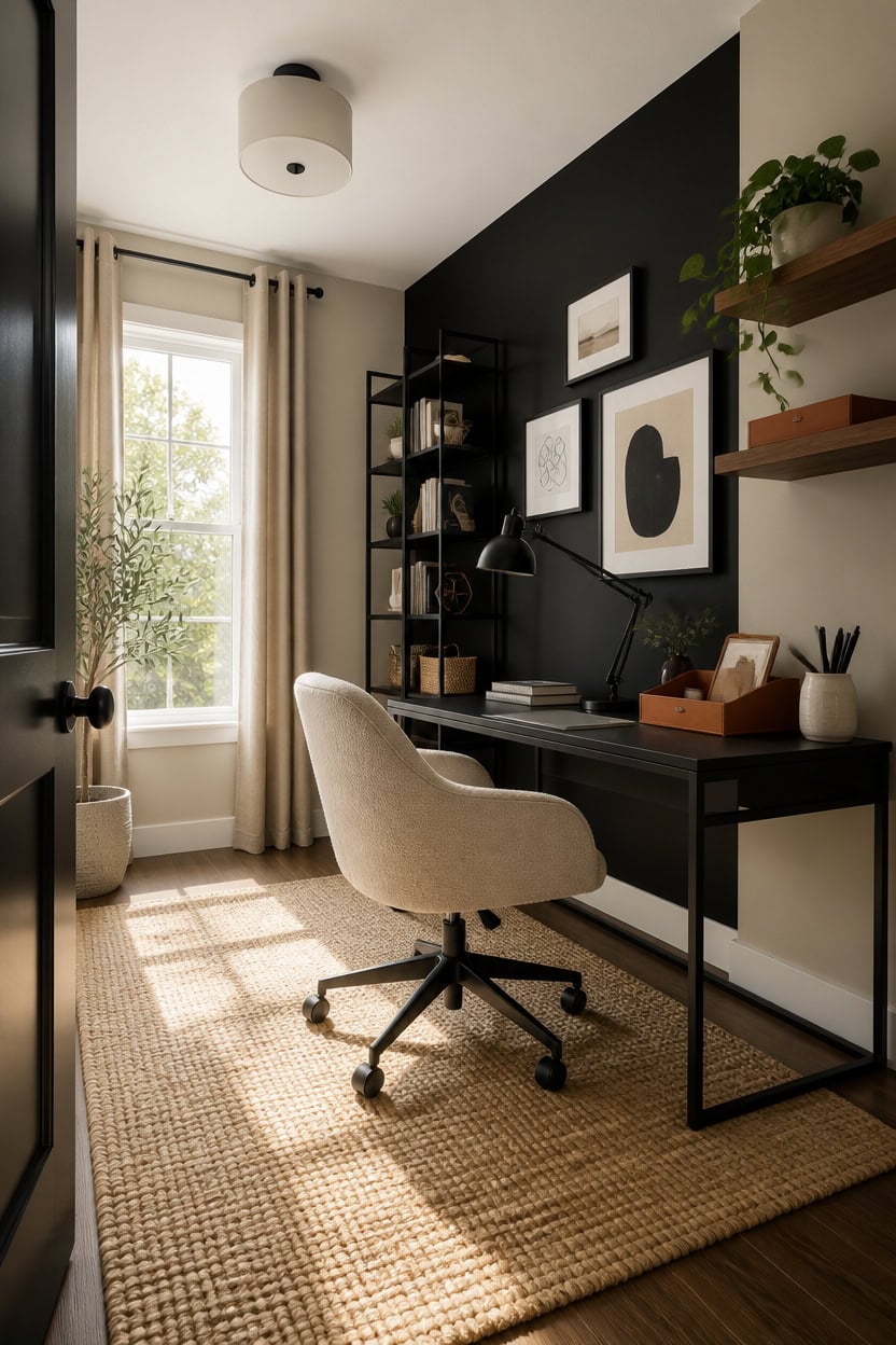 Home office with black accent wall, desk, and cozy chair in a bright room.