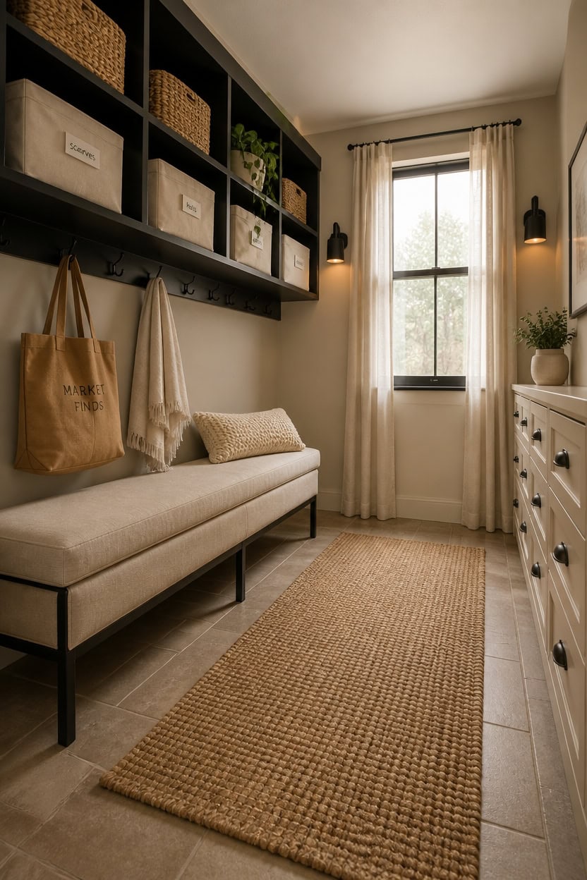 Bright entryway with storage shelves, window, and natural light in a modern apartment.