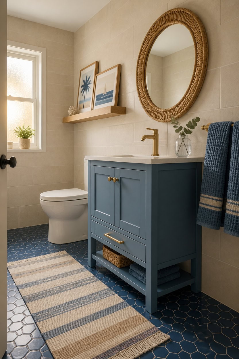 Coastal-style bathroom with blue vanity, round mirror, and beach-themed decor.