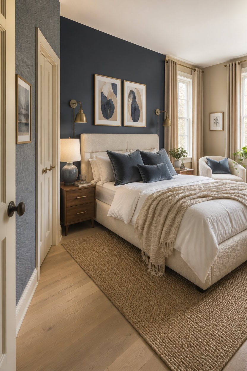 Bright bedroom featuring a blue accent wall, plush bedding, and stylish artwork for a welcoming apar.