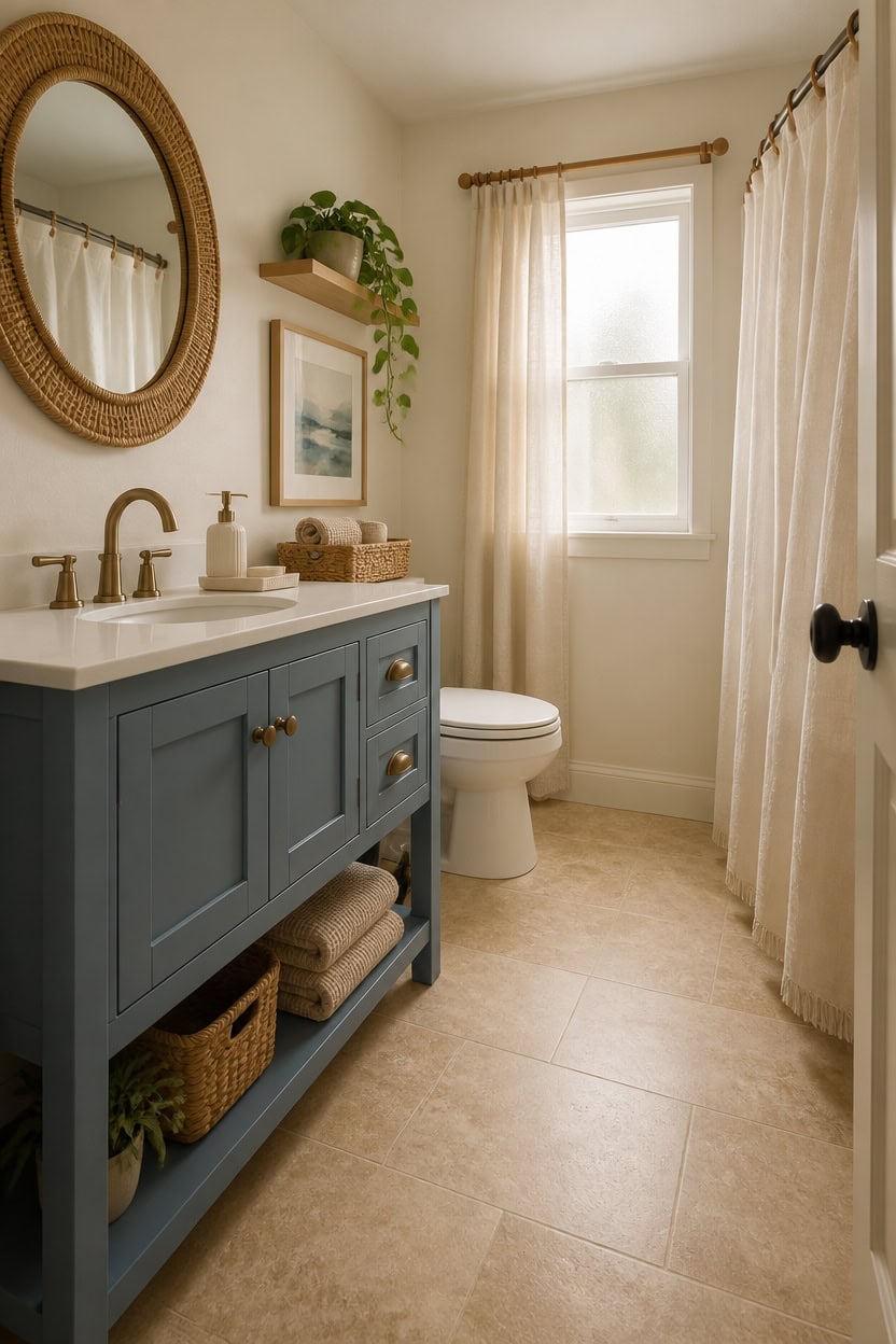 beige warms blue bathroom