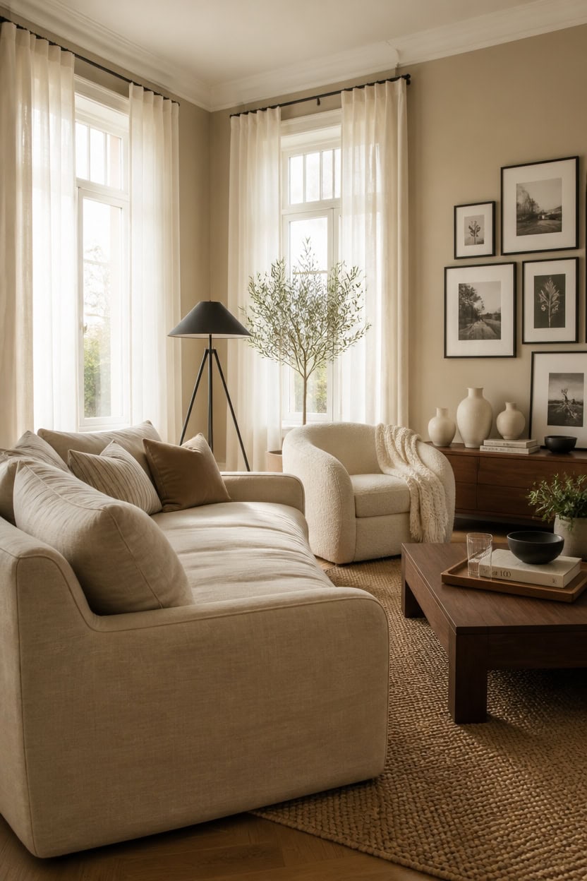 Bright living room with large windows, beige sofas, and elegant decor. Perfect for relaxing and ente.