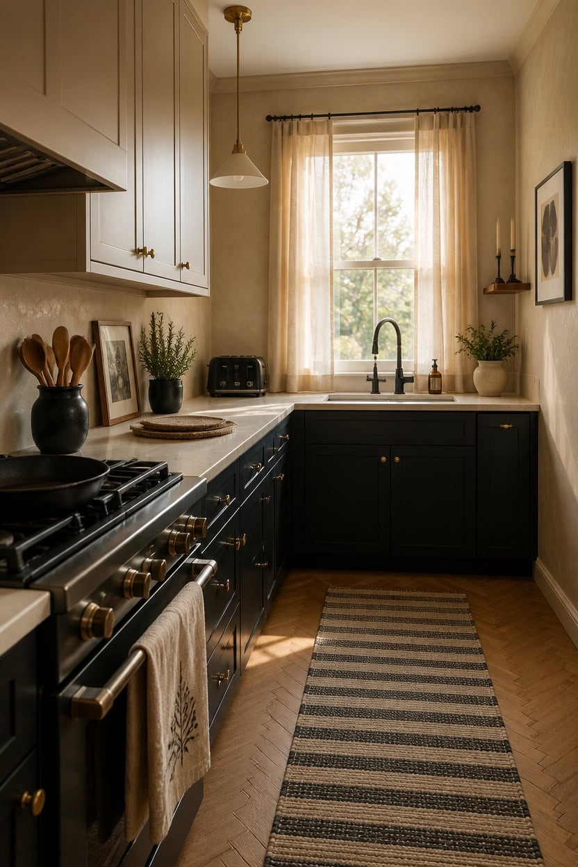 Bright kitchen featuring a large window, black lower cabinets, white upper cabinets, and modern appl.