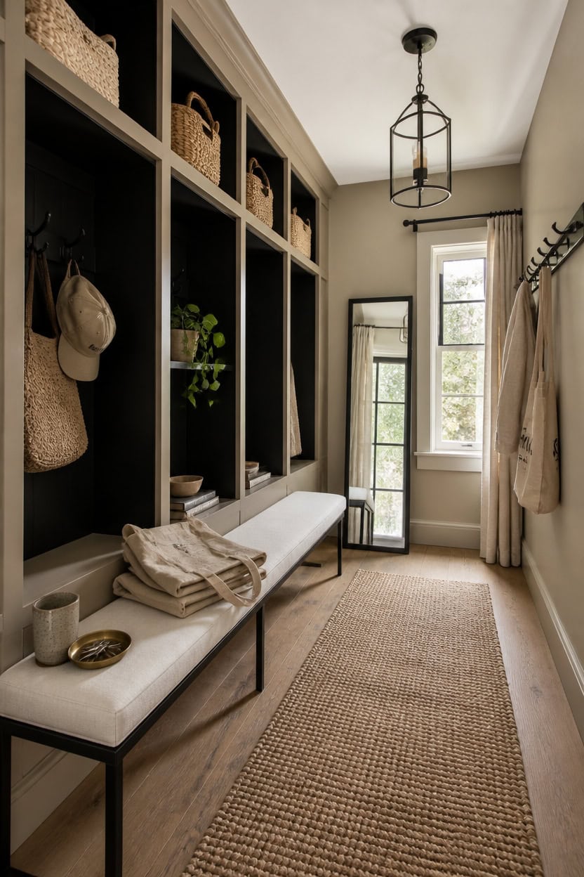 Bright entryway featuring built-in black shelving, a bench, and large window with curtains.