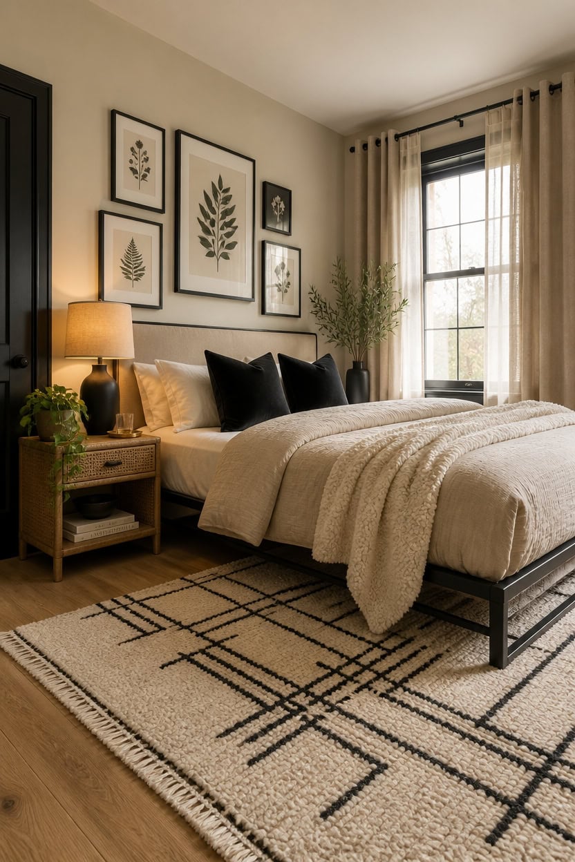 Comfortable bedroom with stylish decor, large window, and cozy bedding.