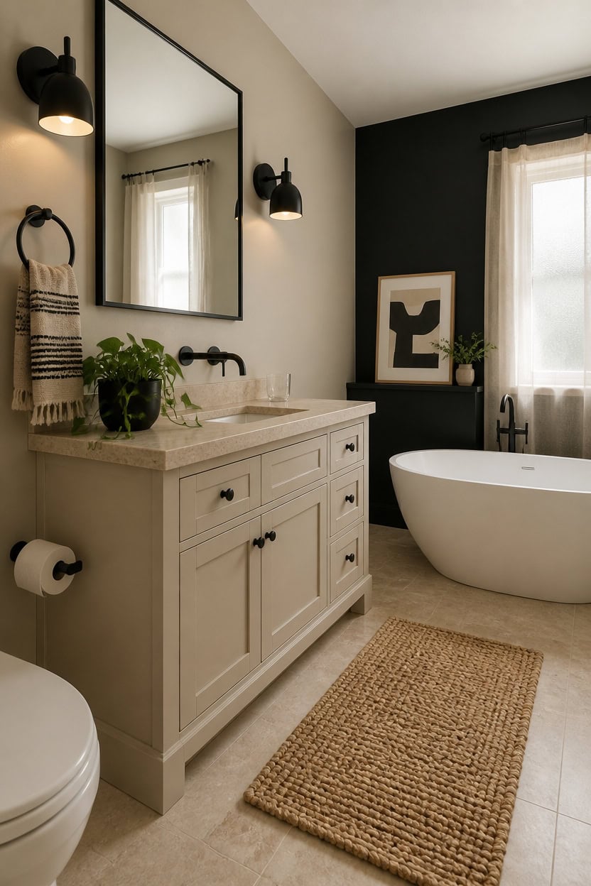 Bright and stylish bathroom featuring a freestanding bathtub, white vanity, and contemporary wall ar.