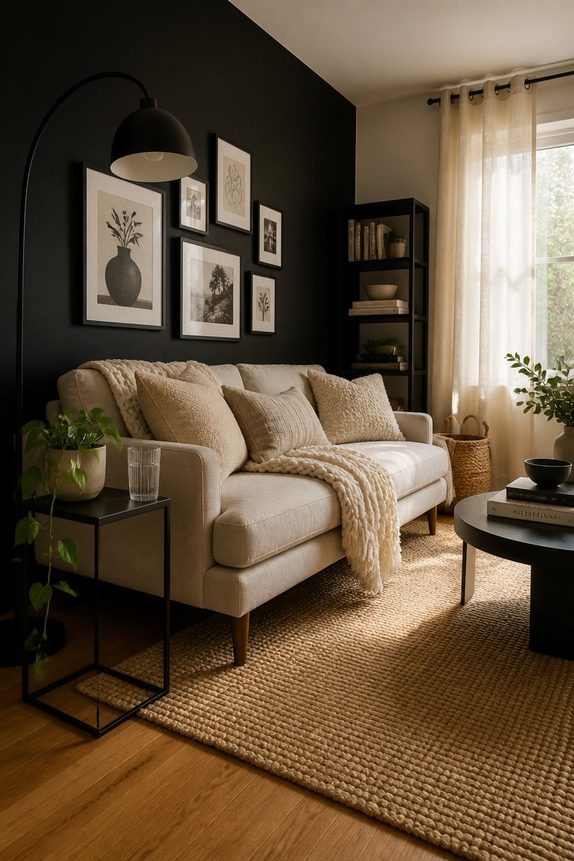 Comfortable living room with beige sofa, black accent wall, and natural light.